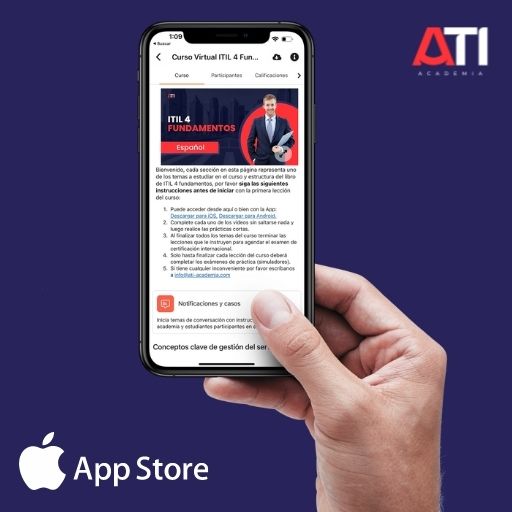 Un mock up de un teléfono móvil con la imagen de la app de ATI Academia.