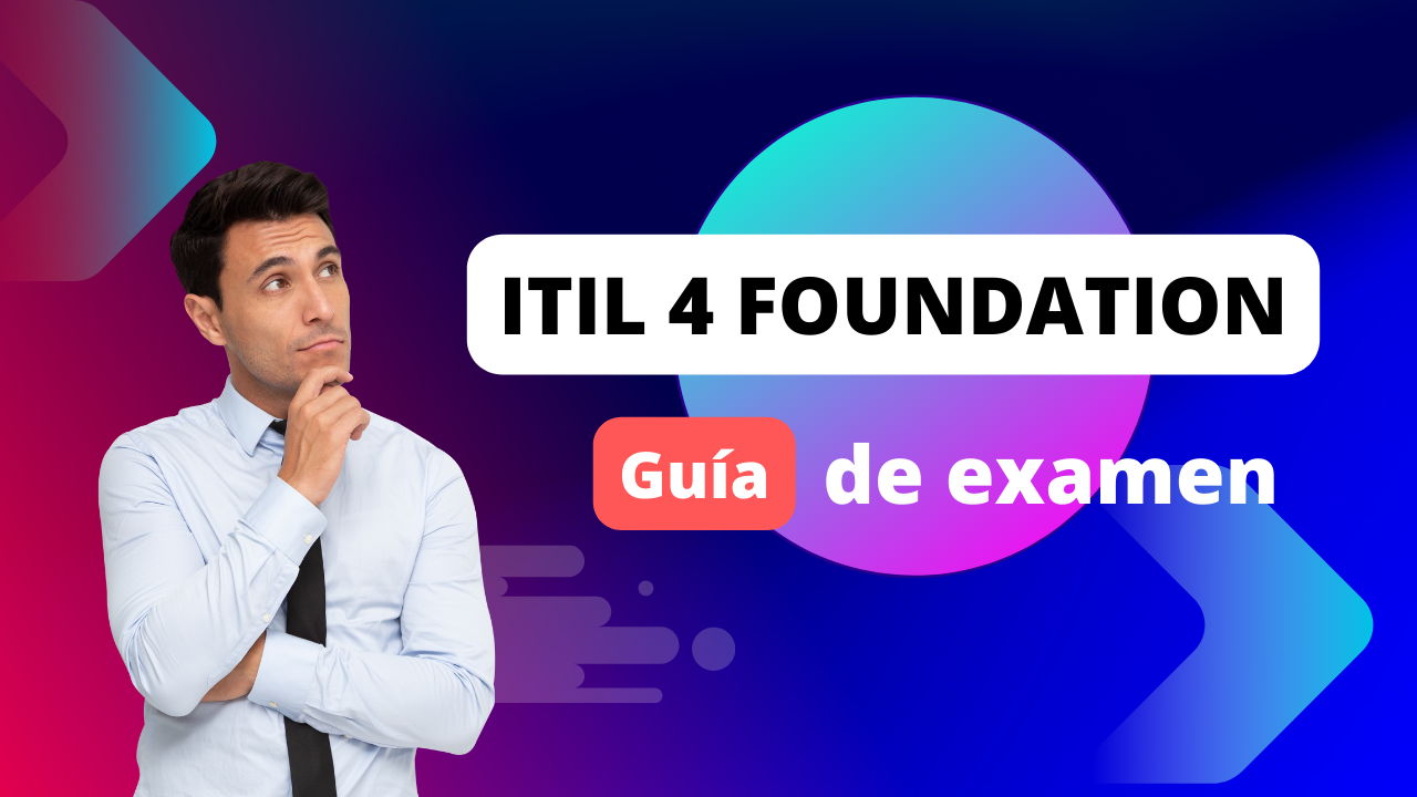 En la imagen se muestra un hombre pensativo mirando a un titular que dice "ITIL 4 Foundation guía de examen"