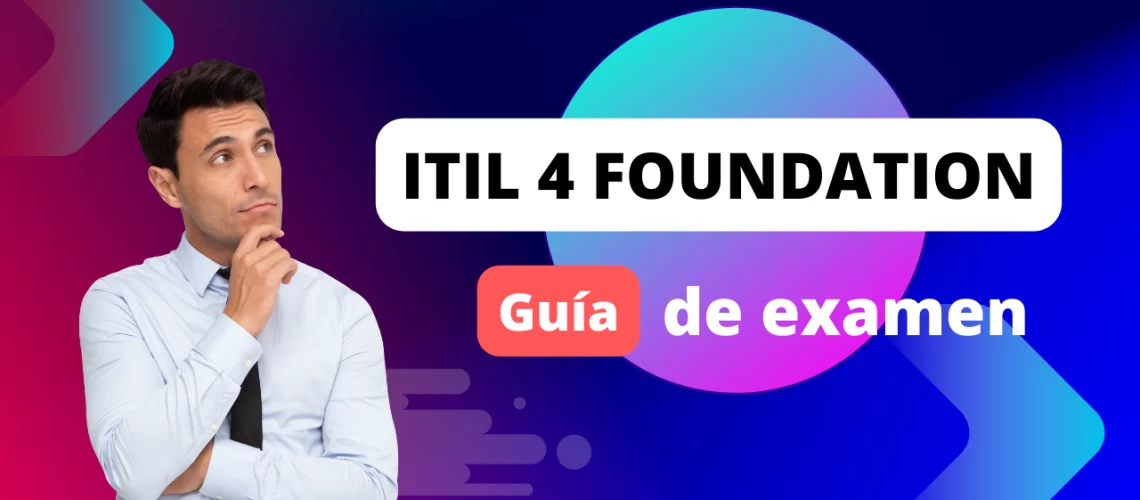 En la imagen se muestra un hombre pensativo mirando a un titular que dice "ITIL 4 Foundation guía de examen"